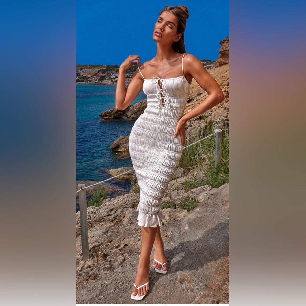 Oh Polly HEIDI Shirred Front Tie Midi Dress in White US 6.